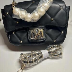 Badgley Mischka Black Quilted Pearl-Embellished Hand Bag/Crossbody BNWT